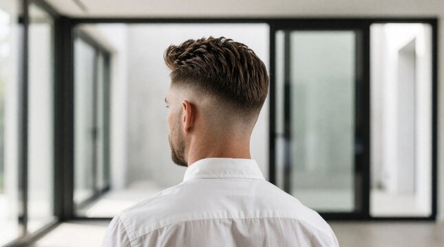 Man with fade haircut in white shirt stands inside modern room. Minimalist interior with glass doors reflects light. Sharp groom, clean style, fresh cut.