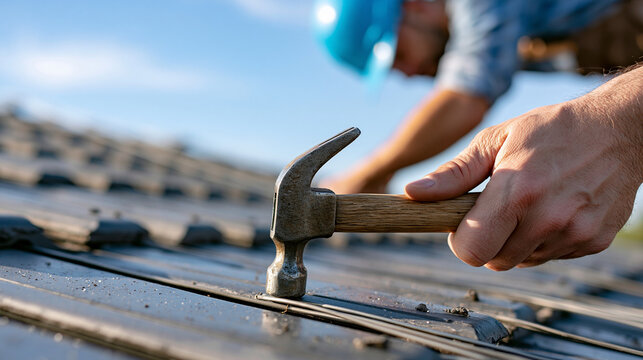 Close-up of hand wearing hardhat using hammer to secure winterizing wires on roof tiles, construction concept, defocused background, with copy space