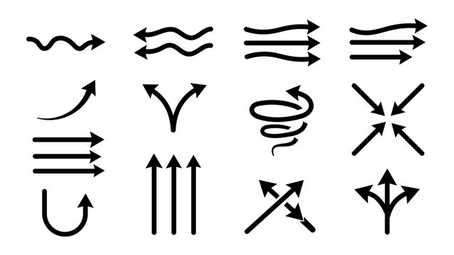 Minimalist black vector graphic collection featuring diverse hand drawn arrow shapes for intuitive navigation design and clear directional visual communication