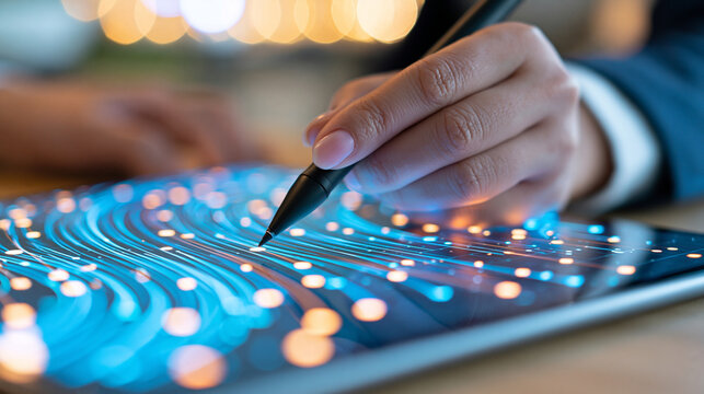 Low code no code development platform concept, close-up of hand using stylus on digital interface, application builder tools theme, defocused background, with copy space