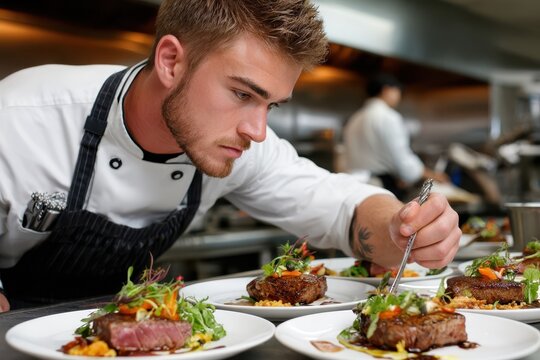 Chef Garnishing Steak Dishes in Restaurant Kitchen
