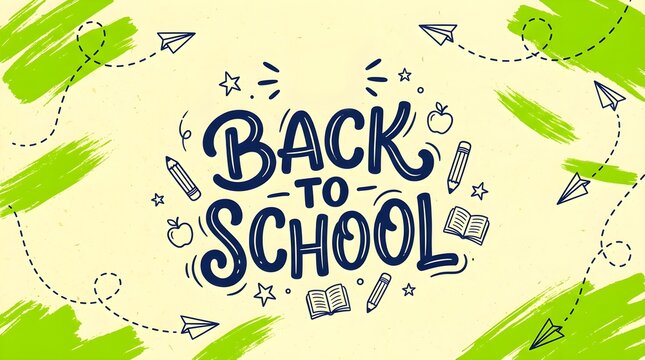 Back to school typography banner with hand drawn doodles. Creative school supplies background with green brush strokes and educational icons.