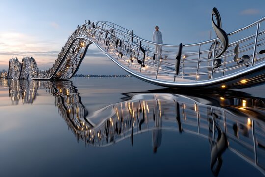 Unique musical bridge structure spans across tranquil water during sunset