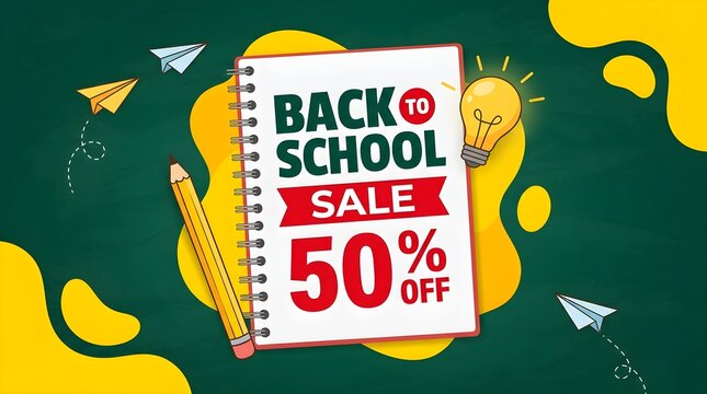 Back to school sale banner with 50 percent off discount, spiral notebook on green chalkboard background, education promotion marketing poster.