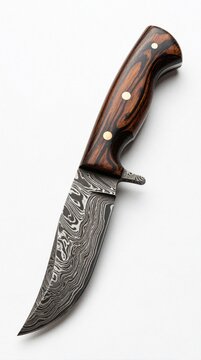 Hunting knife with patterned damascus steel blade and polished wood handle rests on white surface. Crafted tool shows intricate metalwork for outdoor survival or collection.