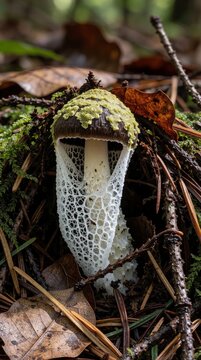 Unique stinkhorn mushroom grows from forest floor. White lacey veil covers stem amidst brown fallen leaves, twigs. Macro shot shows strange fungal growth in wild woodland habitat. Natural