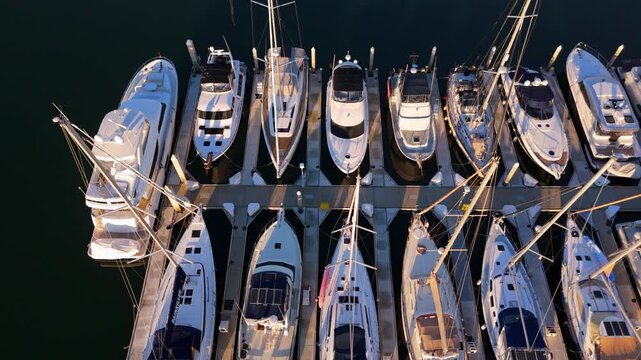 Top down aerial view of luxury yachts in marina with forward motion, March 10, 2026