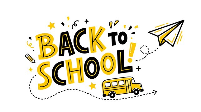 Hand-drawn back to school typography banner, yellow school bus and paper plane doodle illustration, educational marketing graphic on white.