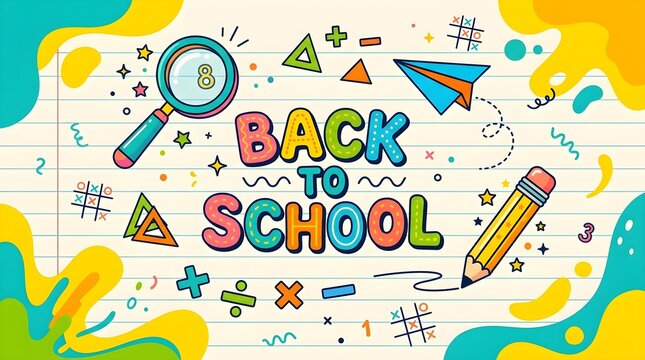 Back to school banner with colorful hand drawn doodles on lined paper. Creative education background with pencil, magnifying glass and math icons.
