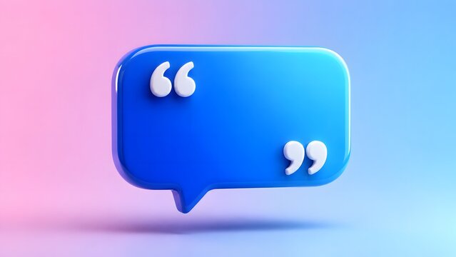 Vibrant blue 3d speech bubble with white quotation marks on pink blue gradient.