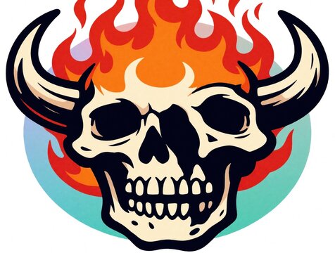 Fiery skull with bull horns in retro style. Illustration symbolizes danger, death and evil power. Graphic art uses bold lines and vibrant colors for a strong visual impact.