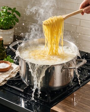 Wooden spoon lifting cooked spaghetti from a stainless steel pot with pasta water boiling over onto gas stove. Action shot of Italian pasta cooking process.