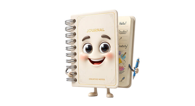 Happy open notebook character mascot holding a pen with notebook, character