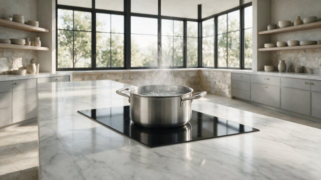 Stainless steel pot of steaming boiling water on an induction hob in a spacious modern luxury kitchen with marble island and large windows. Pasta water boiling prep.