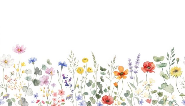 Hand-Painted Floral Artwork Showcasing a Diverse Collection of Meadow and Garden Flowers in Gentle Watercolor Textures and Natural Organic Forms