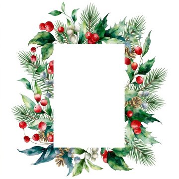 Hand-Painted Winter Foliage Illustration Showcasing Natural Evergreen Elements and Festive Accents in a Refined Airy Watercolor Style