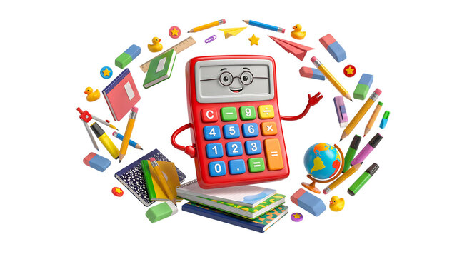 Red calculator mascot surrounded by school supplies and stationery items