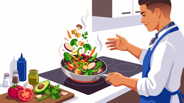 Man preparing a vegan stir-fry 