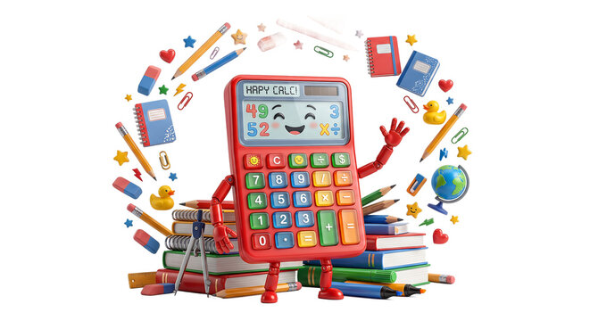 Cheerful calculator character waving hello surrounded by books and stationery