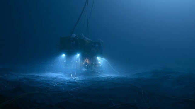 Underwater exploration vehicle working in deep ocean at night
