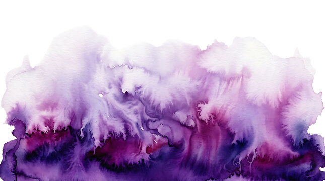 Abstract watercolor wash in shades of deep purple and light violet with soft bleeding edges and fluid paint textures on a plain white background isolated on a transparent background