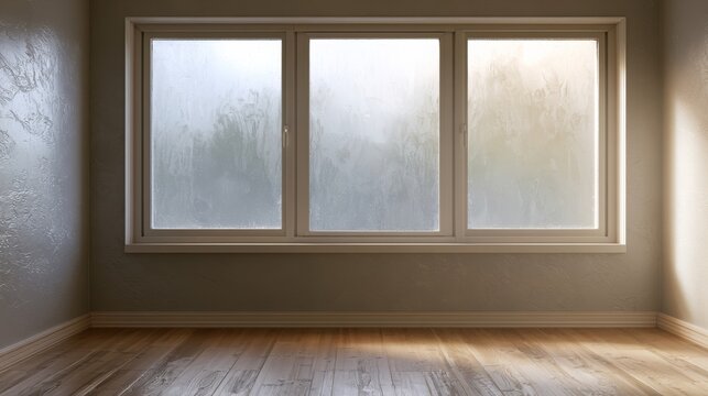 Light shines through foggy windows in an empty room with wooden floor during day time