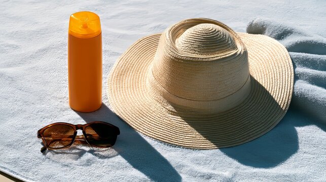 Summer accessories on a towel by the poolside during midday
