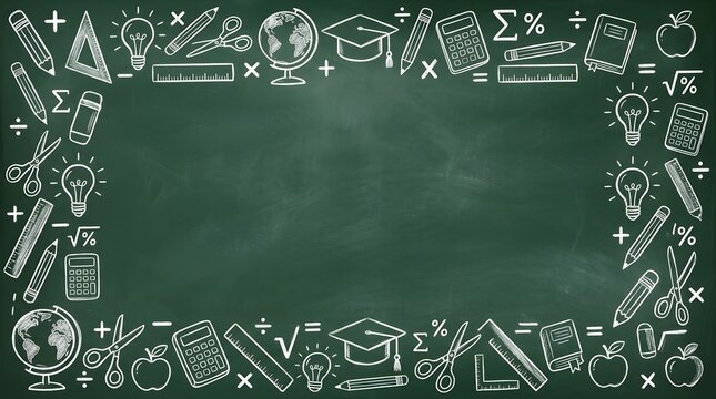 Chalkboard background with school icons frame, green chalkboard texture with hand drawn education doodles, back to school border for classroom.