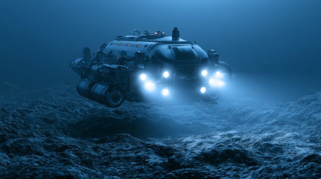 Submarine explores deep ocean depths during a night dive with bright lights illuminating the dark water