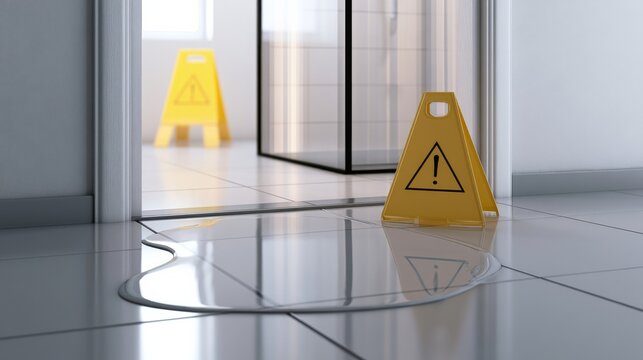 Warning signs placed near wet floor showing caution for safety in a building interior