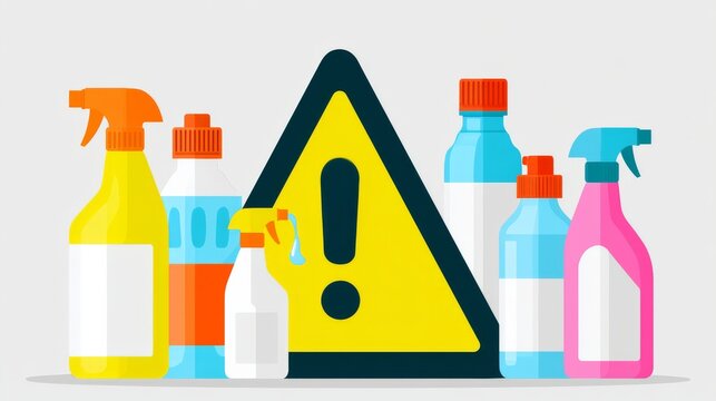 Warning sign with cleaning supplies in bright colors on a light background
