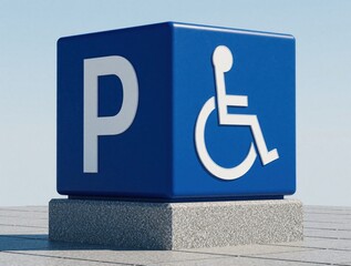 Obraz premium Blue cube parking sign with wheelchair symbol on stone base. Accessible parking space indicator for disabled drivers. Public facility marker.