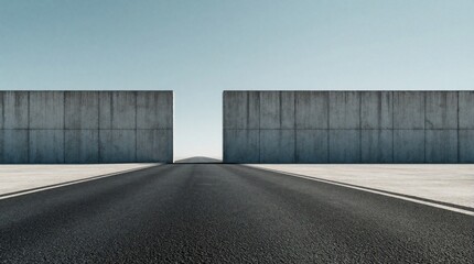 Fototapeta na wymiar Concrete wall with a large gap splits view of asphalt road stretching to horizon under clear blue sky. Minimalist scene suggests opportunity and forward path.
