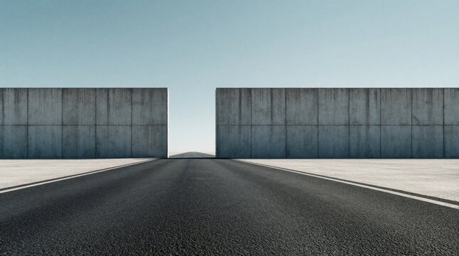 Concrete wall with a large gap splits view of asphalt road stretching to horizon under clear blue sky. Minimalist scene suggests opportunity and forward path.