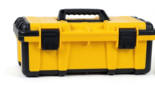 Yellow and black plastic toolbox with sturdy handle and latches sits ready for tools. Durable, portable container for repair and construction work.
