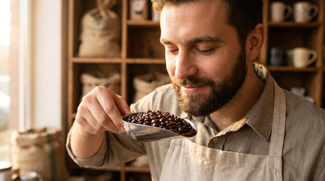 Portrait of a male barista, eyes closed, inhaling the rich aroma of freshly roasted coffee beans held in a metal scoop. Warm lighting, rustic caf&eacute; background.
