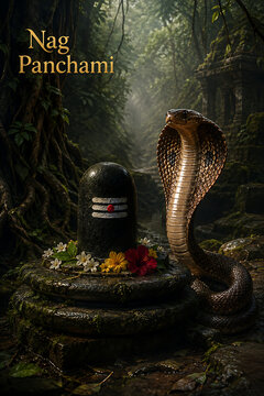 Brown cobra snake standing beside a dark stone shiv lingam adorned with vibrant flowers inside a dense tropical green jungle nag panchami