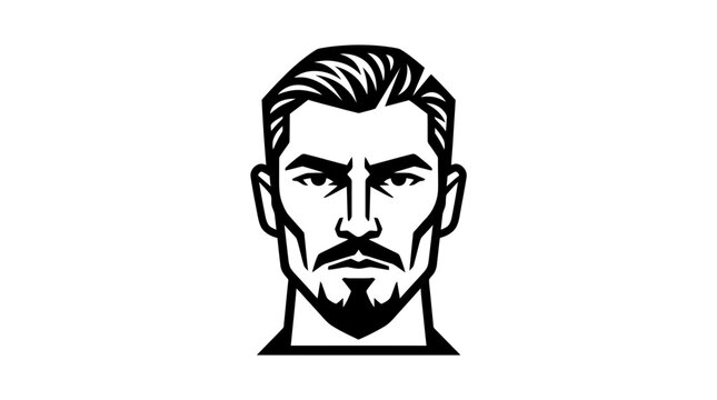 Handsome man portrait featuring sharp facial features with a neat groomed beard and stylish modern haircut presented as a bold black and white vector illustration for professional branding and design