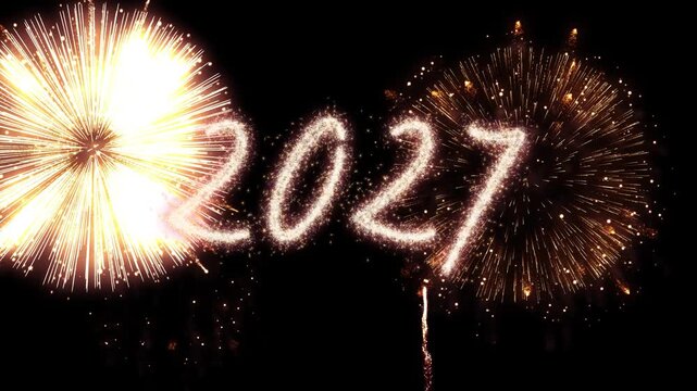 Golden 2026 and 2027. Happy New year Blast text beautiful Title animation shine flickering firework bokeh background. celebration glittering Holiday. holiday. Countdown new year 2027 festival. 4K.
