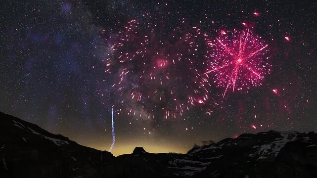 Colorful fireworks illuminate the night sky above the mountains in Switzerland with Milky way, with vibrant red green and white bursts. Alps silhouettes frame the scene as explosions reflect on calm w