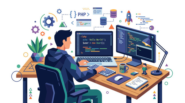 Software developer coding at workstation with dual monitors.