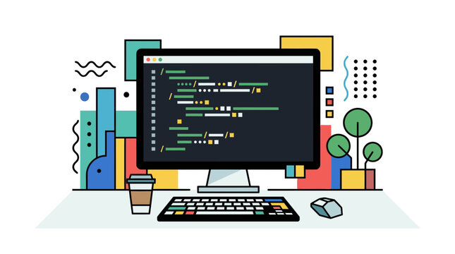 Flat illustration of computer monitor showing software code.