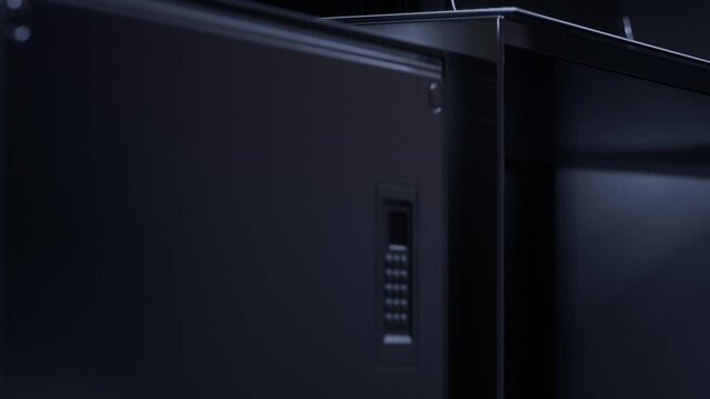 A safe is positioned in a dimly lit space with a keypad embedded on its front. It appears to be part of a storage area for securing valuables. The surrounding environment is minimalistic.
