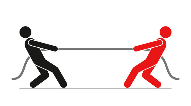 Two stick figures in contrasting red and black colors pulling a rope against each other in a symbolic struggle of competition representing conflict and professional rivalry on white clean background.