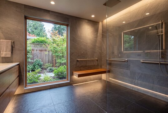 Modern luxury walk in shower bathroom interior with forest view window