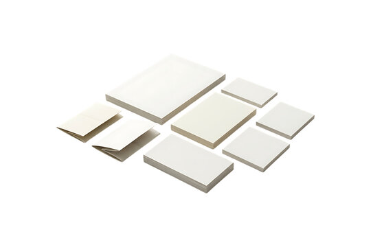 Blank stationery mockup set with various paper sizes and folded cards for professional branding presentation isolated on transparent background