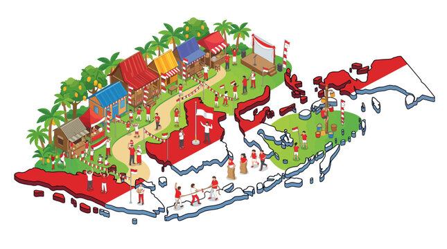 Isometric map of Indonesia with local culture and landmarks.
