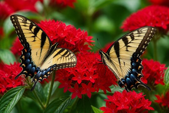 Two eastern tiger swallowtail butterflies feeding on red flowers