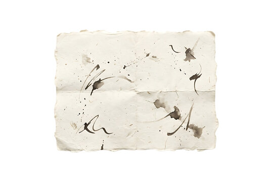 Old vintage paper sheet with dark ink stains and folded creases isolated on transparent background