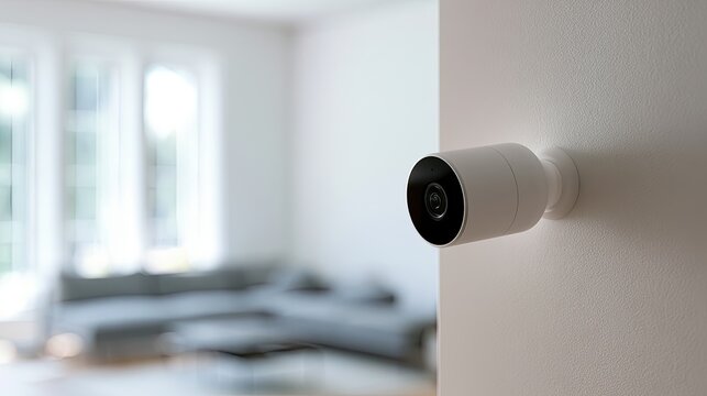 Modern white security camera mounted on a wall in a living room